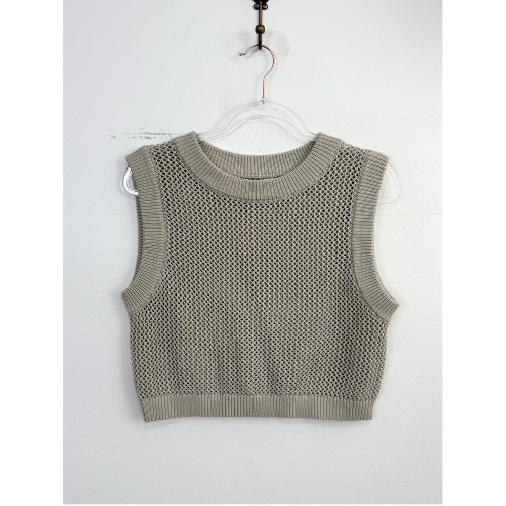 En Saison Open Knit Sweater Tank Beige Sleeveless Cropped Top Size L